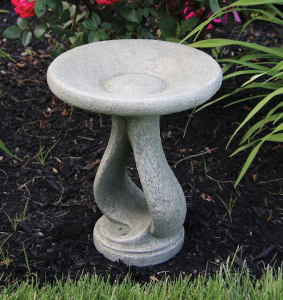 Elevate your garden with the Petite One Piece Ribbon Birdbath Cement